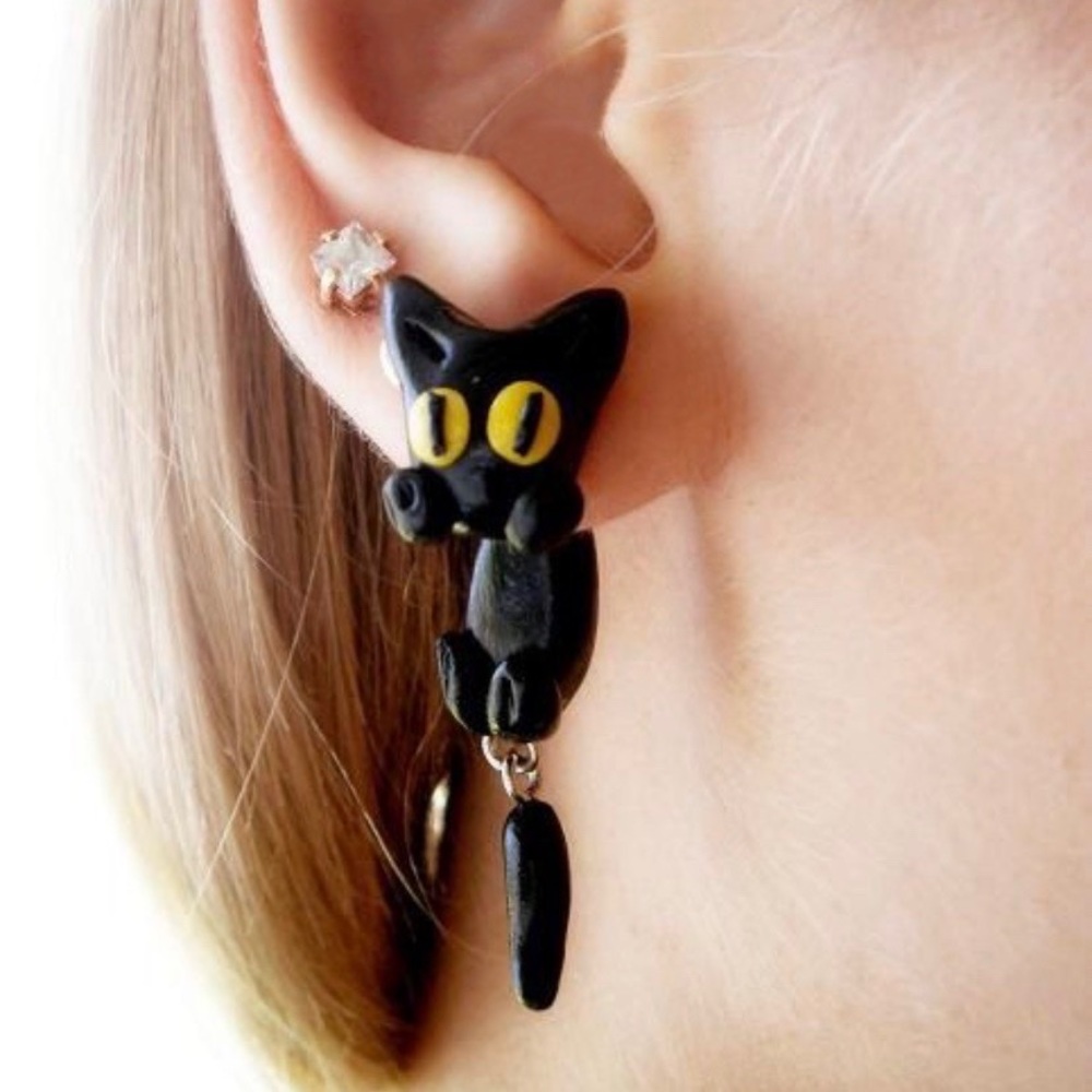 🍁🎃 Etsy Hand Crafted | 💎 Dangling Black Cat 🐈‍⬛ Stainless Steel Plugs/Gauges